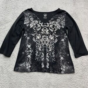Chicos‎ Zenergy Pullover Top Womens M/8 Chicos Sz 1 Black 3 Button Goth USA